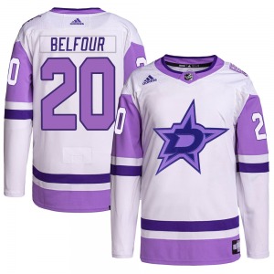 Authentic Adidas Youth Ed Belfour White/Purple Hockey Fights Cancer Primegreen Jersey - NHL Dallas Stars