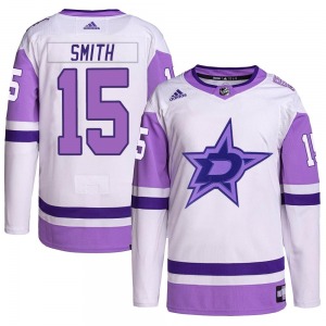 Authentic Adidas Youth Craig Smith White/Purple Hockey Fights Cancer Primegreen Jersey - NHL Dallas Stars