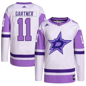 Authentic Adidas Youth Mike Gartner White/Purple Hockey Fights Cancer Primegreen Jersey - NHL Dallas Stars