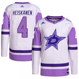 Authentic Adidas Youth Miro Heiskanen White/Purple Hockey Fights Cancer Primegreen Jersey - NHL Dallas Stars