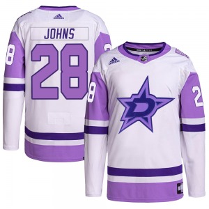 Authentic Adidas Youth Stephen Johns White/Purple Hockey Fights Cancer Primegreen Jersey - NHL Dallas Stars