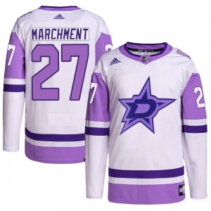 Authentic Adidas Youth Mason Marchment White/Purple Hockey Fights Cancer Primegreen Jersey - NHL Dallas Stars