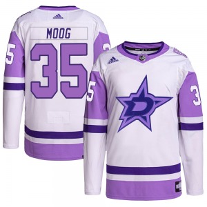 Authentic Adidas Youth Andy Moog White/Purple Hockey Fights Cancer Primegreen Jersey - NHL Dallas Stars
