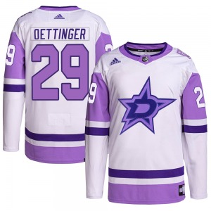 Authentic Adidas Youth Jake Oettinger White/Purple Hockey Fights Cancer Primegreen Jersey - NHL Dallas Stars
