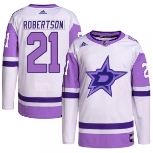 Authentic Adidas Youth Jason Robertson White/Purple Hockey Fights Cancer Primegreen Jersey - NHL Dallas Stars