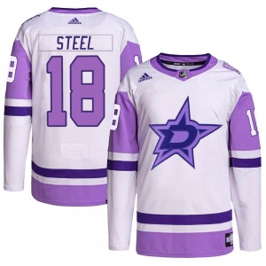 Authentic Adidas Youth Sam Steel White/Purple Hockey Fights Cancer Primegreen Jersey - NHL Dallas Stars