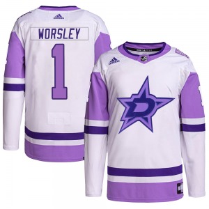 Authentic Adidas Youth Gump Worsley White/Purple Hockey Fights Cancer Primegreen Jersey - NHL Dallas Stars
